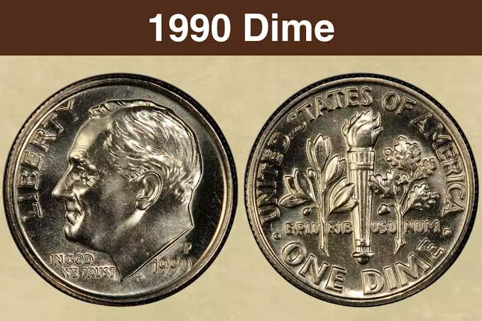 1990 Roosevelt dime obverse and reverse showing mint mark and torch bands