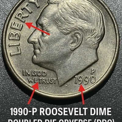 1990 dime Doubled Die Obverse error showing doubling on LIBERTY lettering