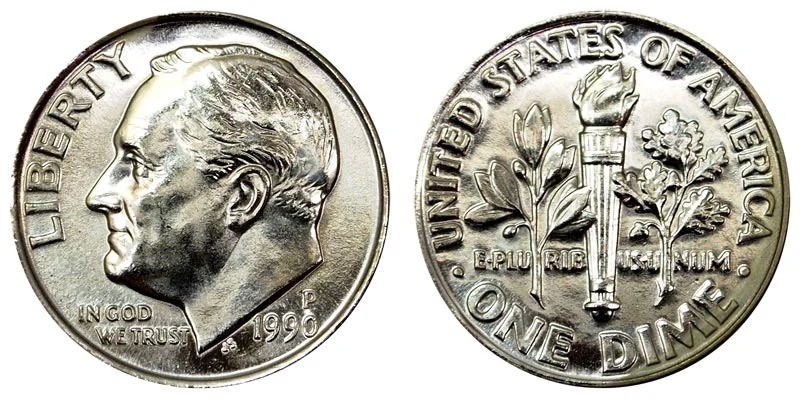1990 Roosevelt dime group showing Philadelphia and Denver mint issues from original bags