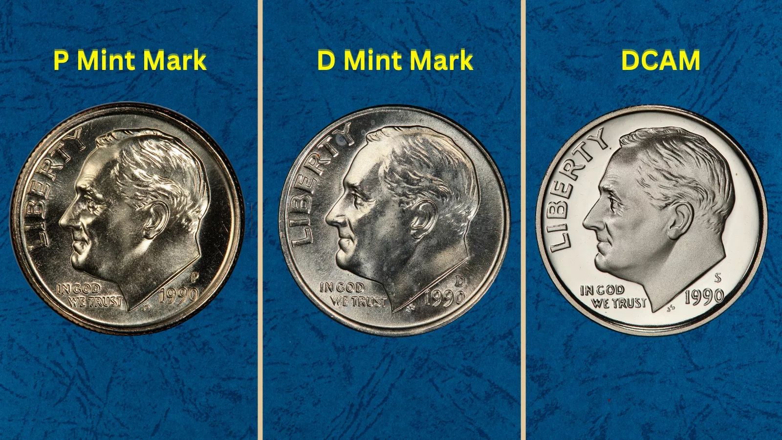 1990 Roosevelt dime grading strip showing worn, circulated, uncirculated, and gem conditions side by side